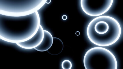 Poster - Abstract spheres with neon silhouettes on a black background. Design. Shiny flying lines of neon bubbles.