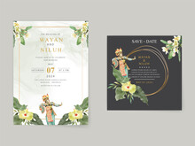 Wedding Invitation Card Template With Exotic Bali Dancers Watercolor Illustration