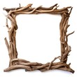 Square wooden frame from driftwood isolated on white background. Boho rustic style, top view