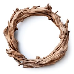 round wreath wooden frame from driftwood isolated on white background. boho rustic style, top view