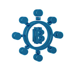 Poster - Blue Blockchain technology Bitcoin icon isolated on transparent background. Abstract geometric block chain network technology business.