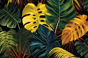 Canvas Print - Vibrant tropical theme with palm and monstera leaves against a dark background