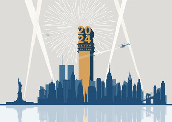 Happy New Year 2024 celebration at  Twin Towers in New York City Skyline