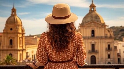 Traveler wearing a hat in front of Palazo Nicolaci in Noto, Sicily.