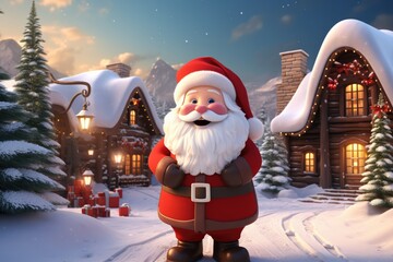 Sticker - Cute Cartoon Santa Claus in a Christmas Village