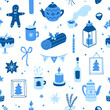 Seamless pattern with cozy winter graphics. Blue Christmas vector background. Winter seamless pattern