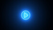 Glowing blue color play button on black background. Play right navigate triangle arrow start button. Neon glowing play button with neon circle