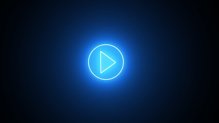 Glowing blue color play button on black background. Play right navigate triangle arrow start button. Neon glowing play button with neon circle