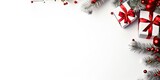 Fototapeta Do pokoju - Festive flair. Artistic red ball on white background creating romantic and elegant christmas card design. Winter wonderland. Vibrant ornament framed in perfect for seasonal holiday banner