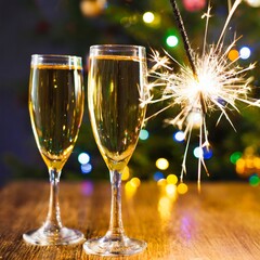 Two glasses of champagne new year eve celebration christmas toast cheering winter season holidays