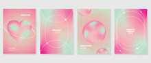 Aesthetic Poster Design Set. Cute Gradient Holographic Background Vector With Geometric Shape, Gradient Mesh Heart, Bubble. Beauty Ideal Design For Social Media, Cosmetic Product, Promote, Banner, Ads
