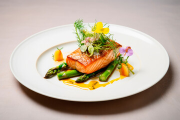 Wall Mural - grilled salmon with asparagus on white plate isolated on white background