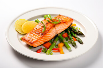 Wall Mural - grilled salmon with asparagus on white plate isolated on white background