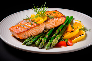 Wall Mural - grilled salmon with asparagus on white plate isolated on black background