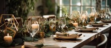 Elegant Wedding Table Adorned With Eucalyptus And Gold Geometric Decor On Rustic Wood