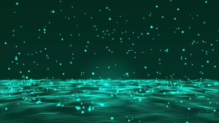 Poster - Abstract Hi-Tech bouncing light blue particles background. Blue sphere particles are falling, bouncing, and exploding into sparks. Futuristic dot-wave animation background. 3D animation 4k video