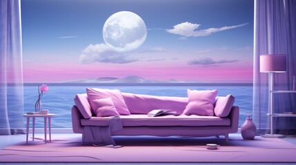 Wall Mural - A couch sitting in front of a window with a view of the ocean