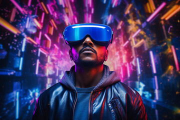 Poster - Youngster watching 3d object in virtual world fun cheerful vr glasses goggles generative ai