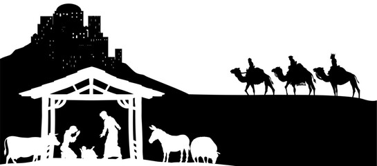 Wall Mural - A Christmas nativity scene with baby Jesus in the manger, wise men and city of Bethlehem in the background