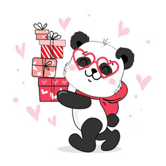 Wall Mural - Draw of a baby panda in kawaii style. Valentine's Day card. Vector cartoon illustration character design banner