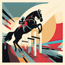 Abstract Illustration Of A Person Horse Jumping Over Obstacles.