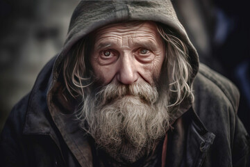 Canvas Print - Poor beggar homeless man on a city street. The social problem of hunger and unemployment. AI generated.