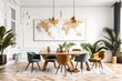 The interior of a chic and eclectic dining room features a mock-up poster map, chairs designed for sharing tables, a gold pendant light, and an exquisite sofa in the second area. White walls.