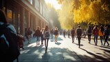 Fototapeta Londyn - Crowd of students walking through a college campus on a sunny day