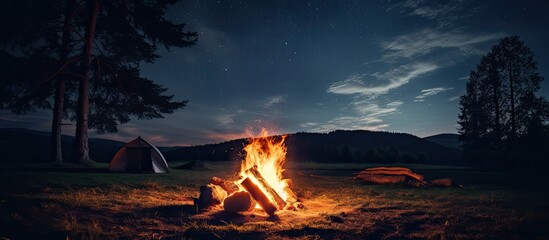Wall Mural - Summer night campfire replaced by camp base under the stars
