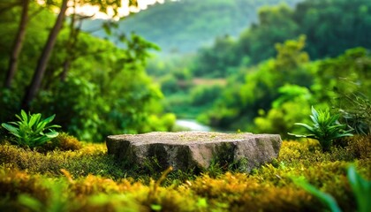 3D display podium green background with natural green grass and sun shadow. Nature minimal pedestal, beauty, cosmetic product presentation. AI generated.