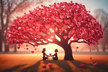 illustration of love and valentine day two enamored under a love tree,paper 3d from digital craft.