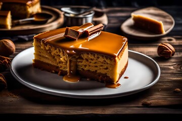 Homemade caramel custard cake on white plate. On wooden table. Hi-contrast and still life style. With dark vignette.