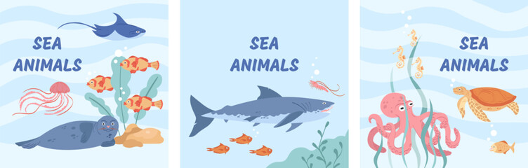 Sticker - Hand drawn sea wildlife composition with different marine animal