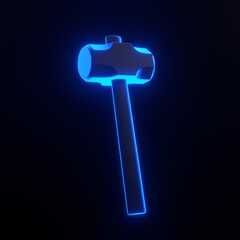 Wall Mural - Hammer with bright glowing futuristic blue neon lights on black background. 3D icon, sign and symbol. Cartoon minimal style. 3D render illustration