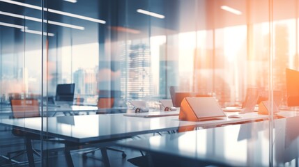 Poster - Beautiful light modern office interior with urban panoramic windows and golden hour lighting at blurred background