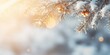 Blue winter christmas nature background frame, wide format. Snow covered fir branches, snowdrift against defocused blurred forest and falling snow. Close up, copy space