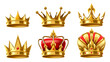 Realistic 3D royal crown. Golden kingdom jewels for king and queen, gold trophy crowns vector illustration set
