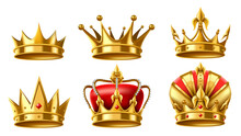 Realistic 3D Royal Crown. Golden Kingdom Jewels For King And Queen, Gold Trophy Crowns Vector Illustration Set