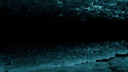 Poster - Flying inside horizontal endless dark tunnel with mirror reflection effect. Design. Geometric corridor of cubic shapes.