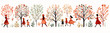 Lovely family life promenade in nature, characters walking among trees, plants and flowers, green, orange and red fresco, holiday page banner or border, people with children streamer, happy frieze