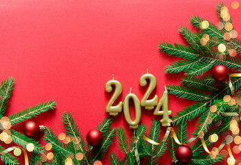 Wall Mural - happy new year frame. christmas card banner with christmas tree branches and gold candle numbers 202