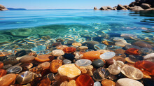 Glistening Pebbles In A Kaleidoscope Of Colors Adorning The Shoreline, A Serene Symphony Of Nature's Beauty In The Water's Embrace