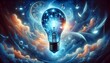 The image is a mesmerizing digital painting of a lightbulb against a cosmic backdrop, with glowing filaments, surrounded by celestial elements like clock faces, eyes, and orbs, blending concepts of ti