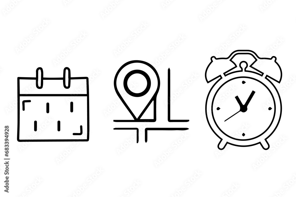 Date, time and address icon set. Event elements isolated on transparent ...