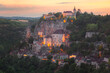Colourful sunset or sunrise view of the French medieval hilltop village of Rocamadour, France in the Dordogne Valley.