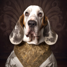 Realistic Lifelike Basset Hound Dog Puppy In Renaissance Regal Medieval Noble Royal Outfits, Commercial, Editorial Advertisement, Surreal Surrealism. 18th-century Historical	
