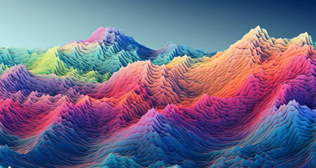 Wall Mural - Abstract, mountain and wave render on a background for design, wallpaper or backdrop. Colourful, vibrant material and holographic layer closeup of poly graphic for science, 3d art and creativity