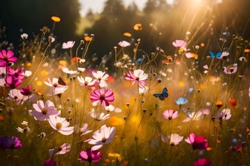 Canvas Print - field of colorful cosmos blower and butterfly in a meadow in nature in the rays of sunlight in summer in the spring close up of amacro a colorful artistic images  with a softs focus beautiful bokeh-