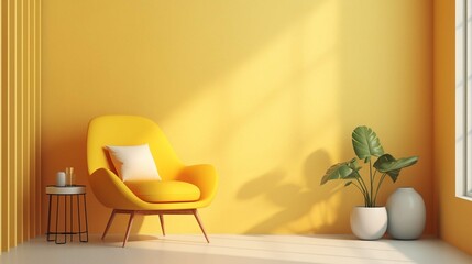Wall Mural - Modern chair in the yellow living room. Minimal style concept. pastel color style. create using a generative ai tool 