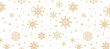 Christmas vector background seamless pattern with gold snowflakes and stars isolated on transparent background.